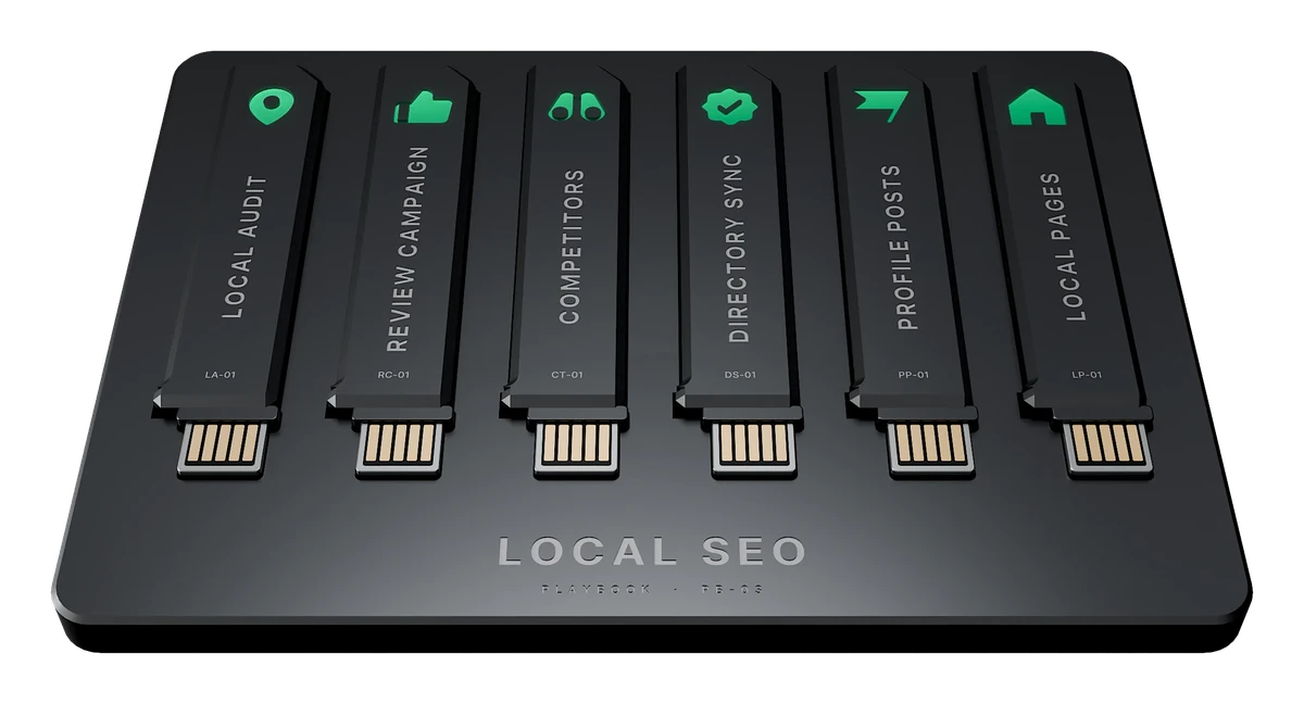 The Local SEO playbook: a tray holding its six keys, each lit with its icon
